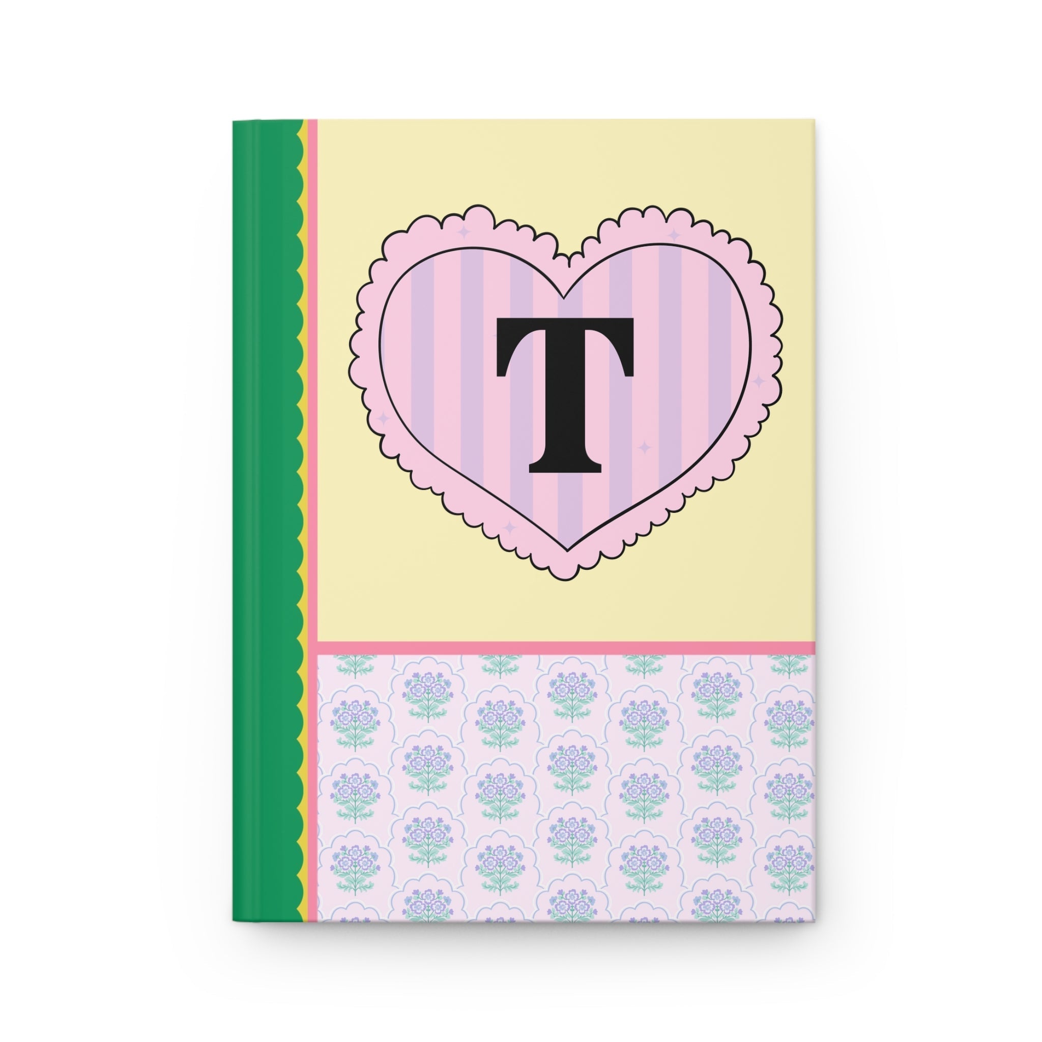 Colorful Floral Notebook with Initial for Best Friend or Sister, Cute Striped Floral Journal with Heart, Cute Retro Notebook with Letter: T