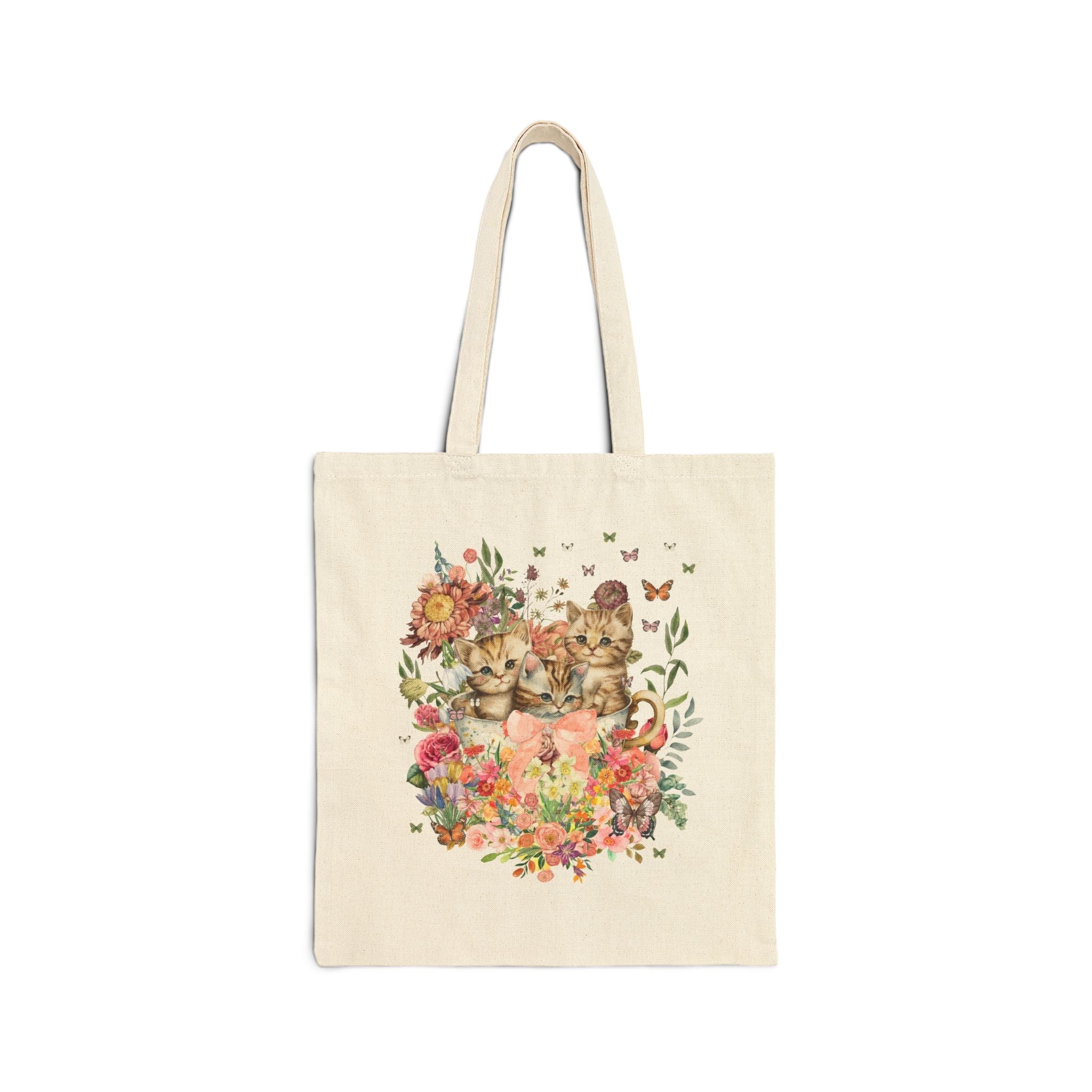 Cottagecore Cat Tote Bag for Cat Mom: Funny Watercolor Kittens in Cup