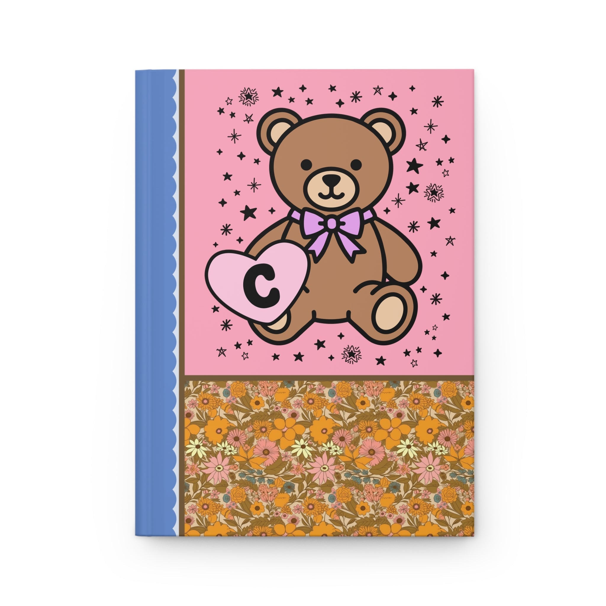 Cute Floral Initial Notebook with Cottagecore Bear Holding a Heart: C