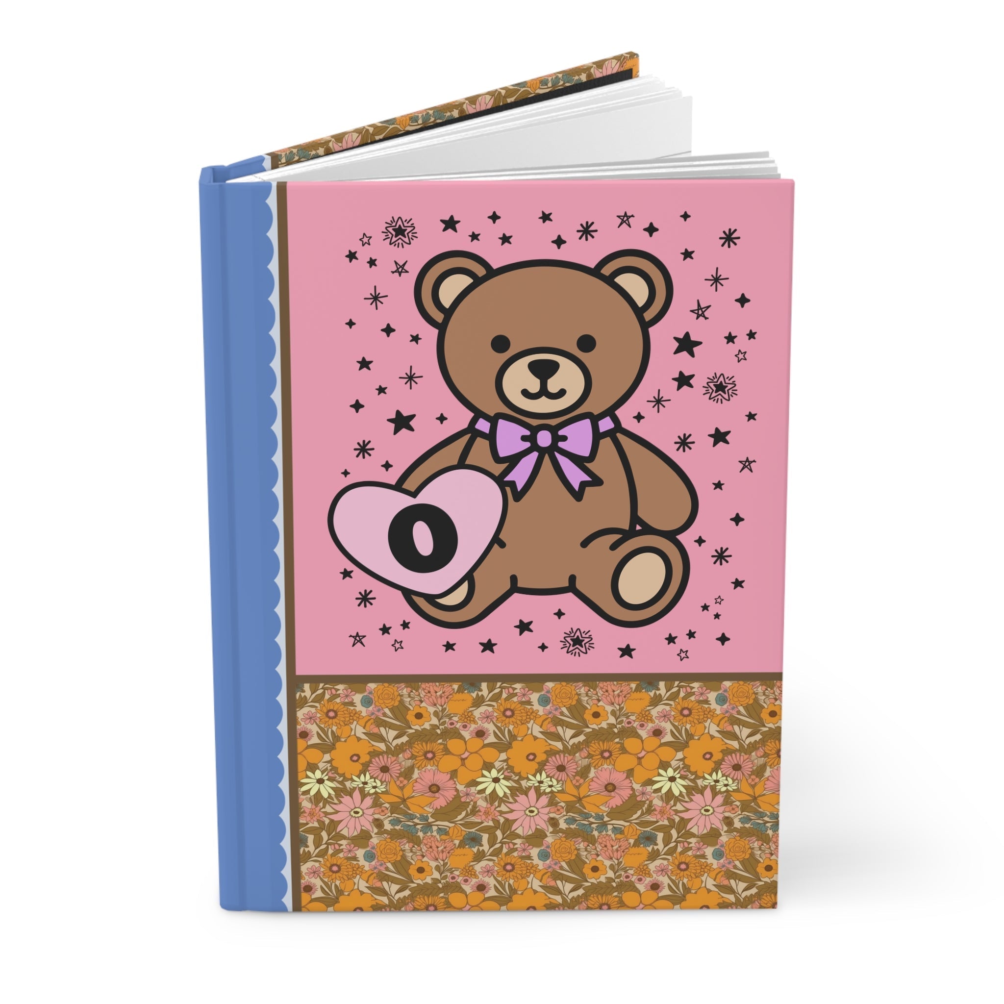 Cute Floral Initial Notebook with Cottagecore Bear Holding a Heart: O
