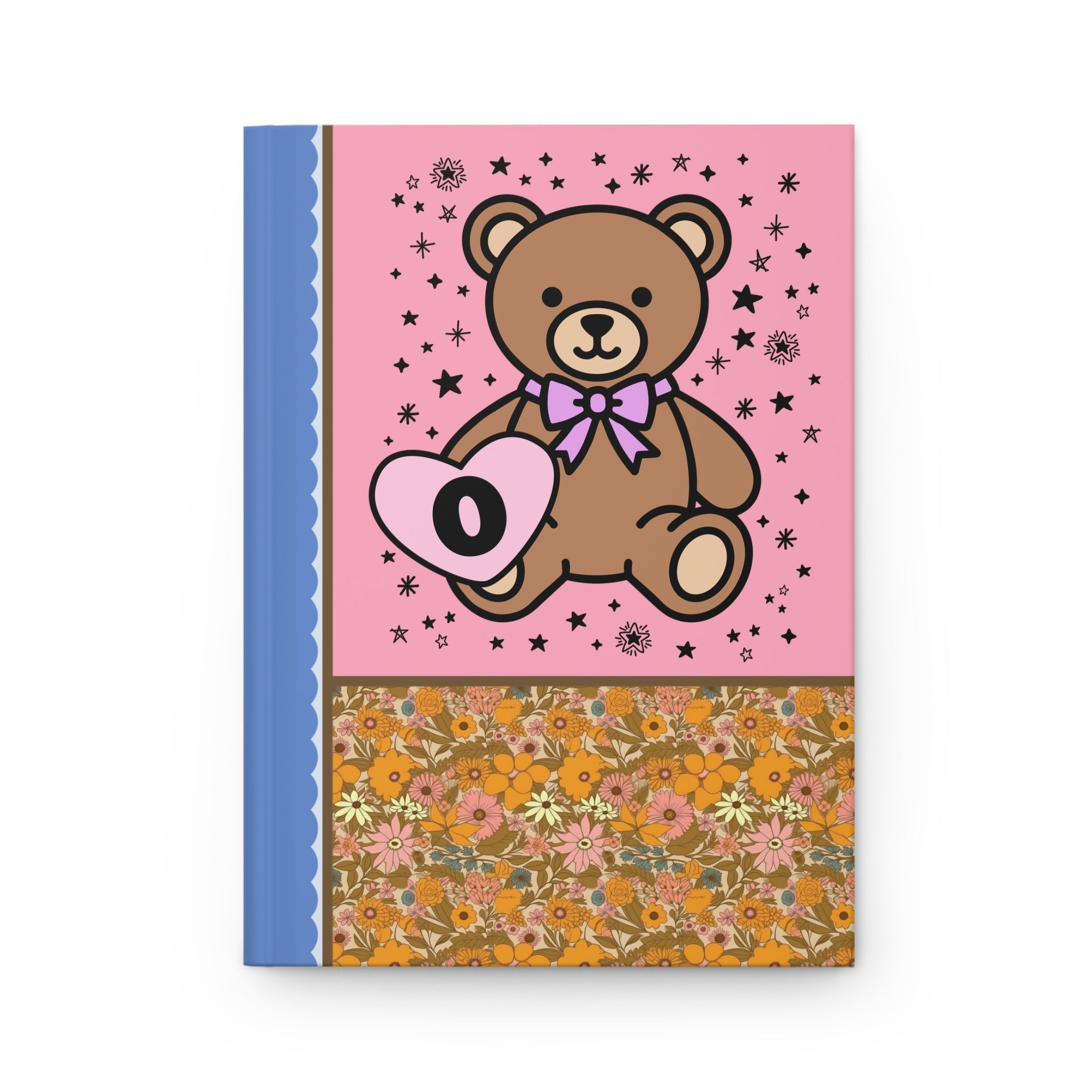 Cute Floral Initial Notebook with Cottagecore Bear Holding a Heart: O