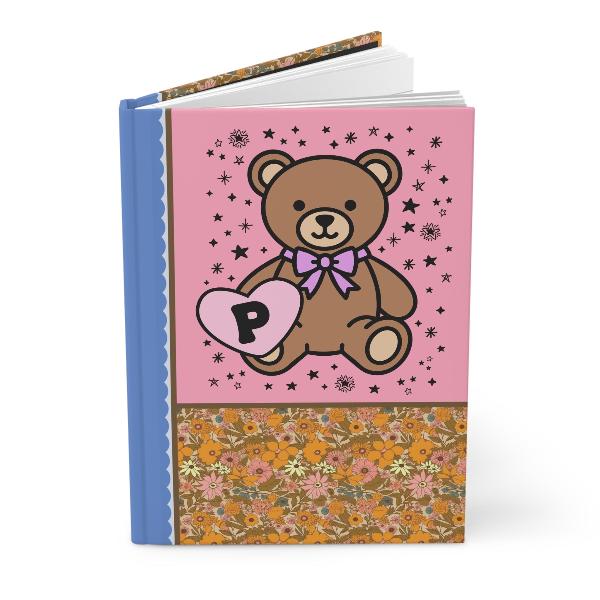 Cute Floral Initial Notebook with Cottagecore Bear Holding a Heart: P