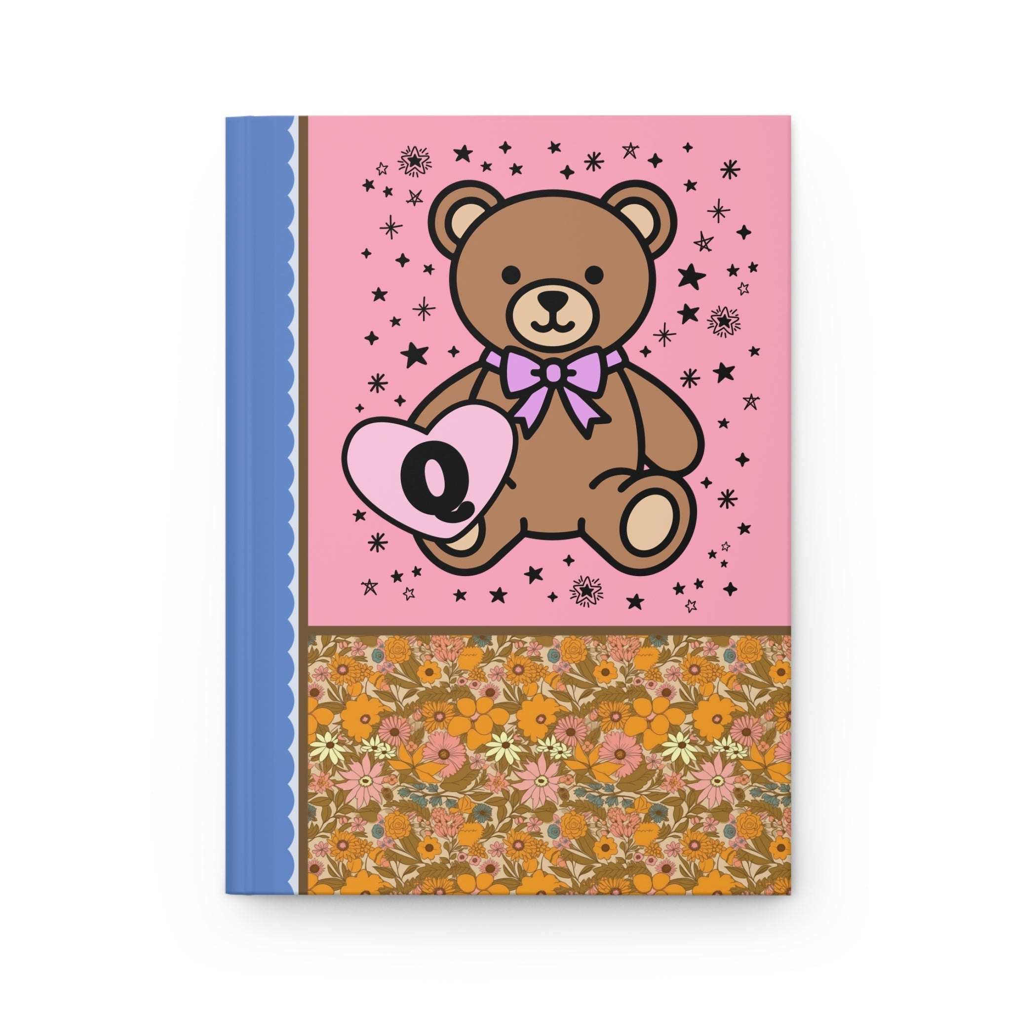 Cute Floral Initial Notebook with Cottagecore Bear Holding a Heart: Q