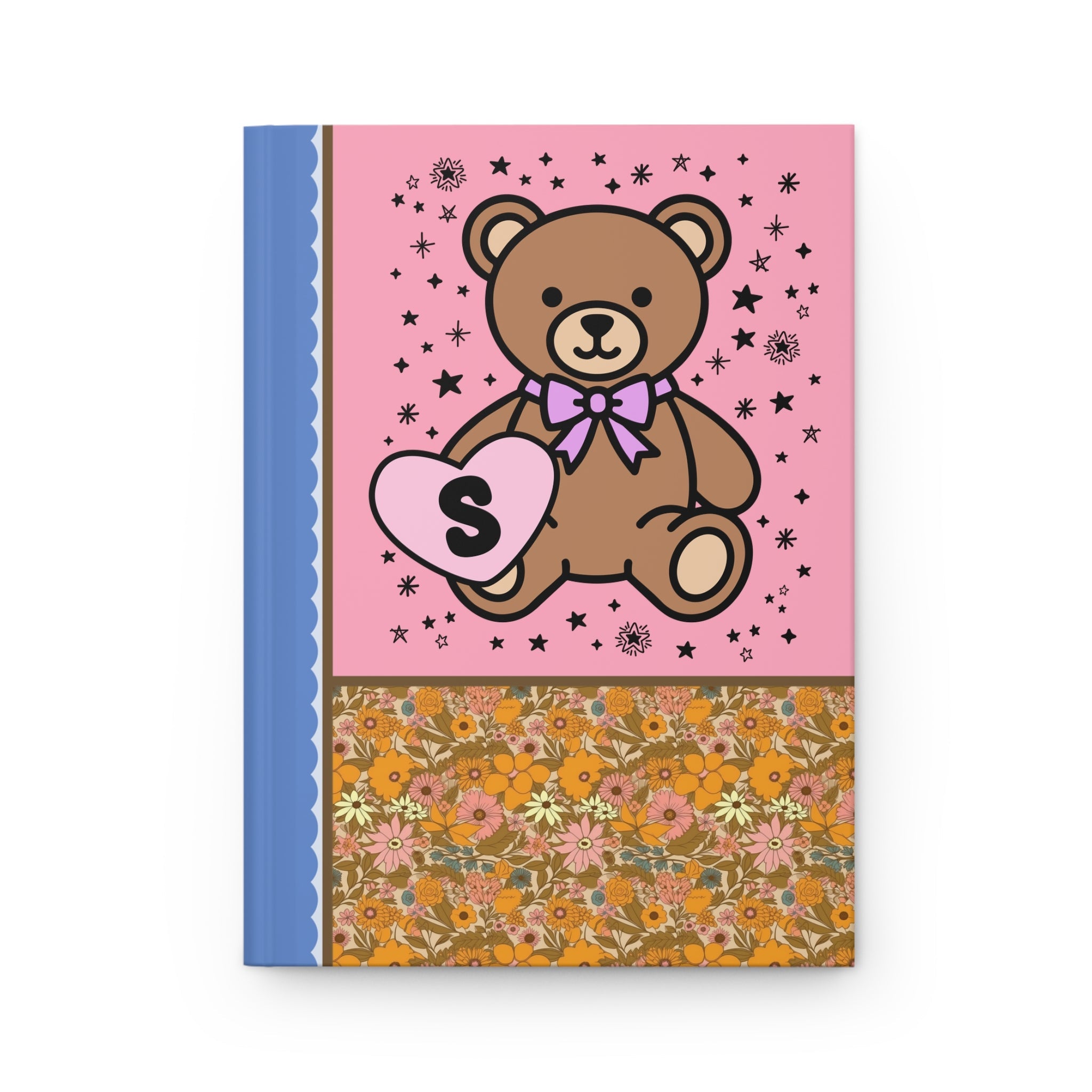 Cute Floral Initial Notebook with Cottagecore Bear Holding a Heart: S