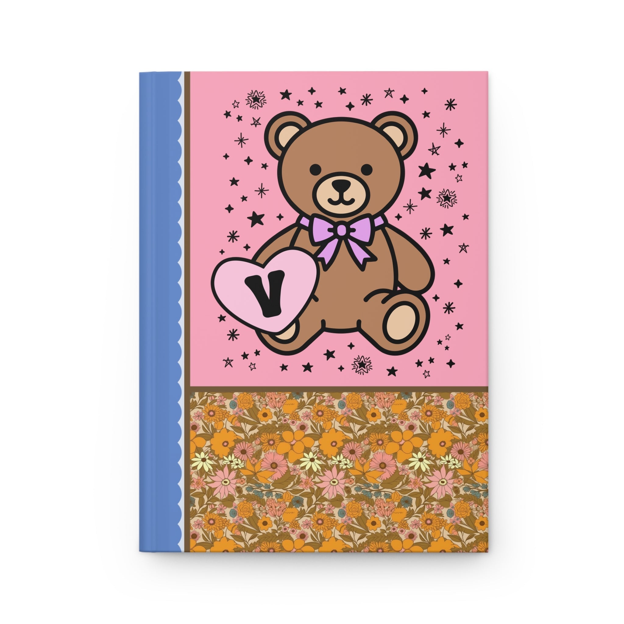 Cute Floral Initial Notebook with Cottagecore Bear Holding a Heart: V
