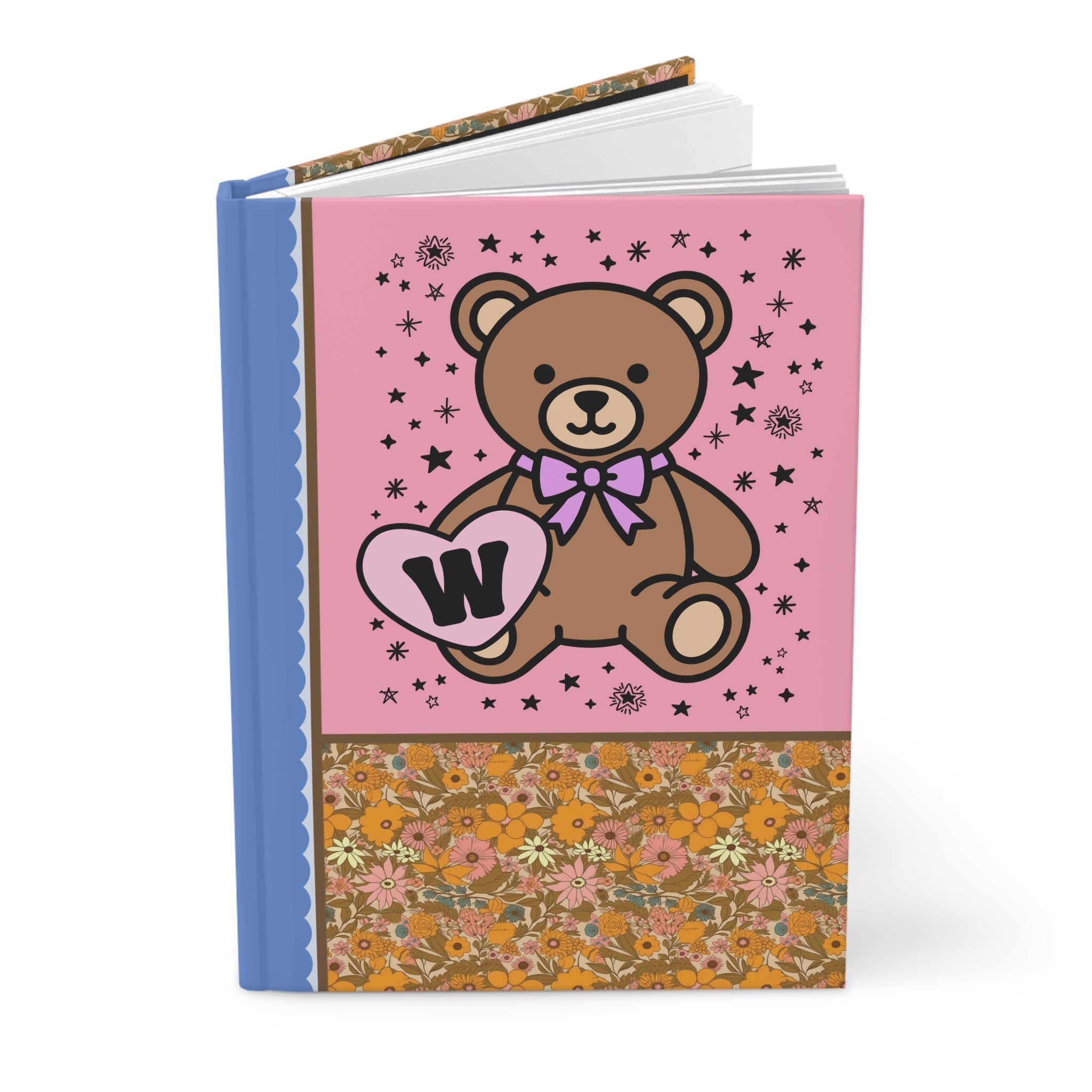 Cute Floral Initial Notebook with Cottagecore Bear Holding a Heart: W