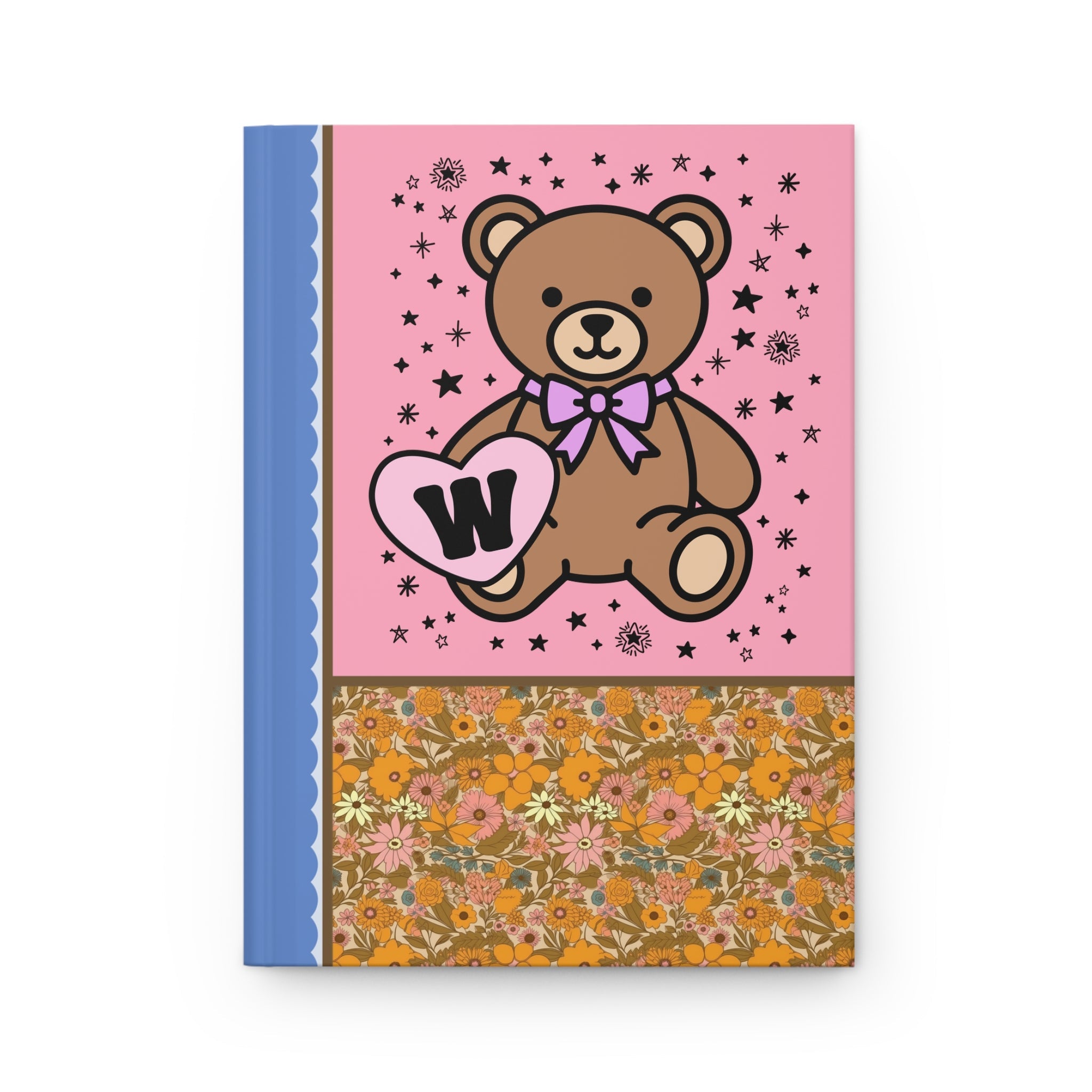 Cute Floral Initial Notebook with Cottagecore Bear Holding a Heart: W