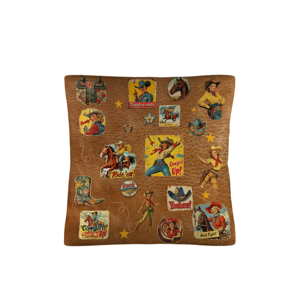 Vintage Cowgirl Collage Square Pillow Case 18x18 Made in America