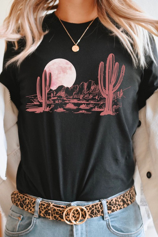 Pink Moon Night Desert Scene Cacti Graphic Tee T-Shirt