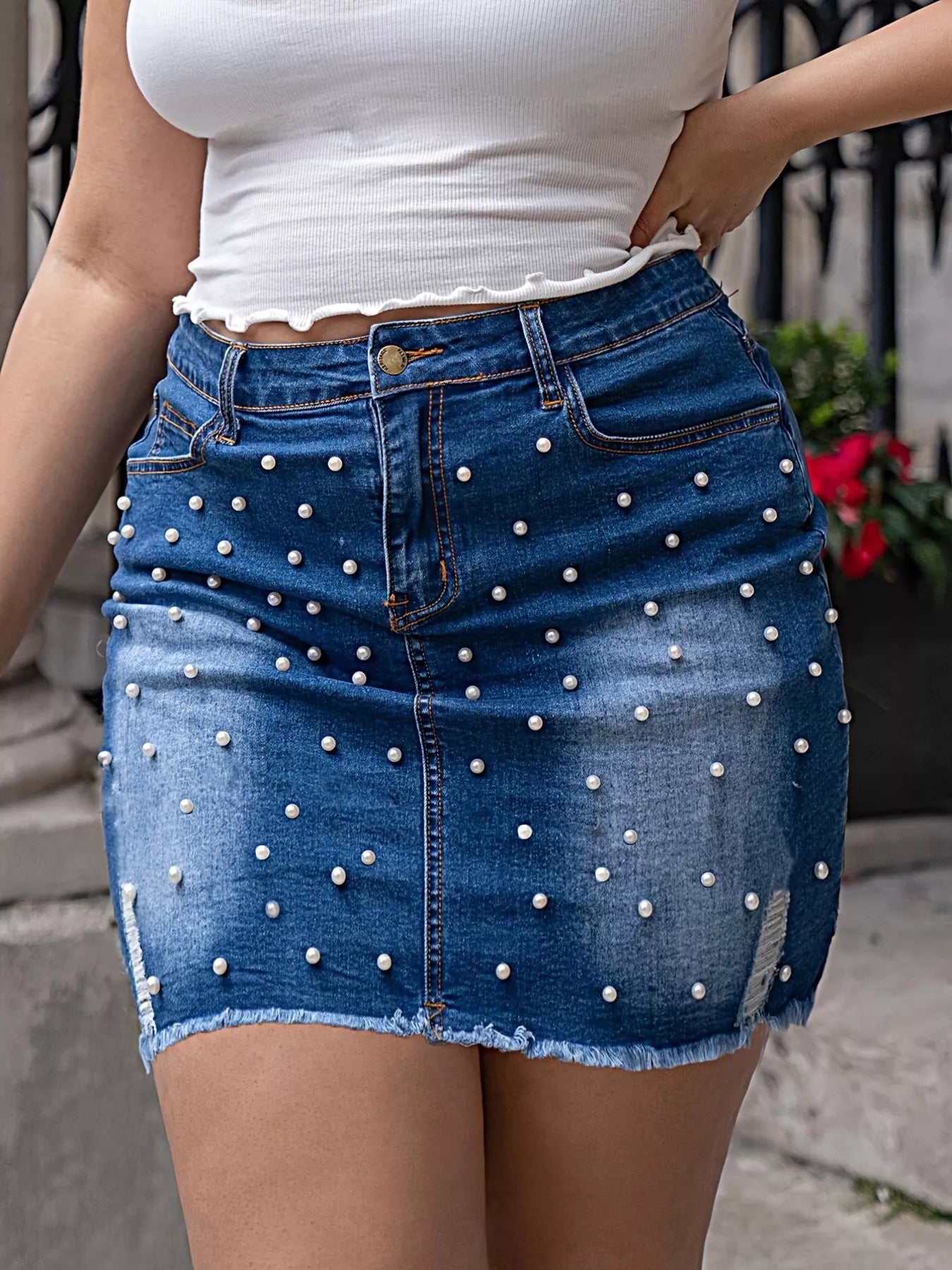 Pearl Embellished Denim Skirt See size chart under “more details”