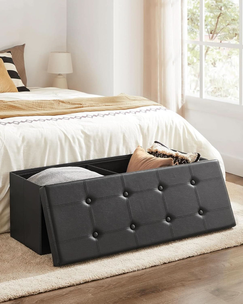 43 Inch Folding Storage Ottoman Black Synthetic Leather