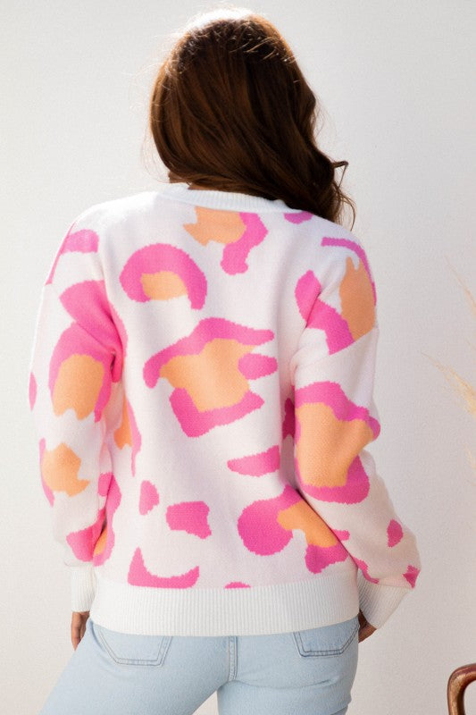 Leopard Round Neck Drop Shoulder Sweater
