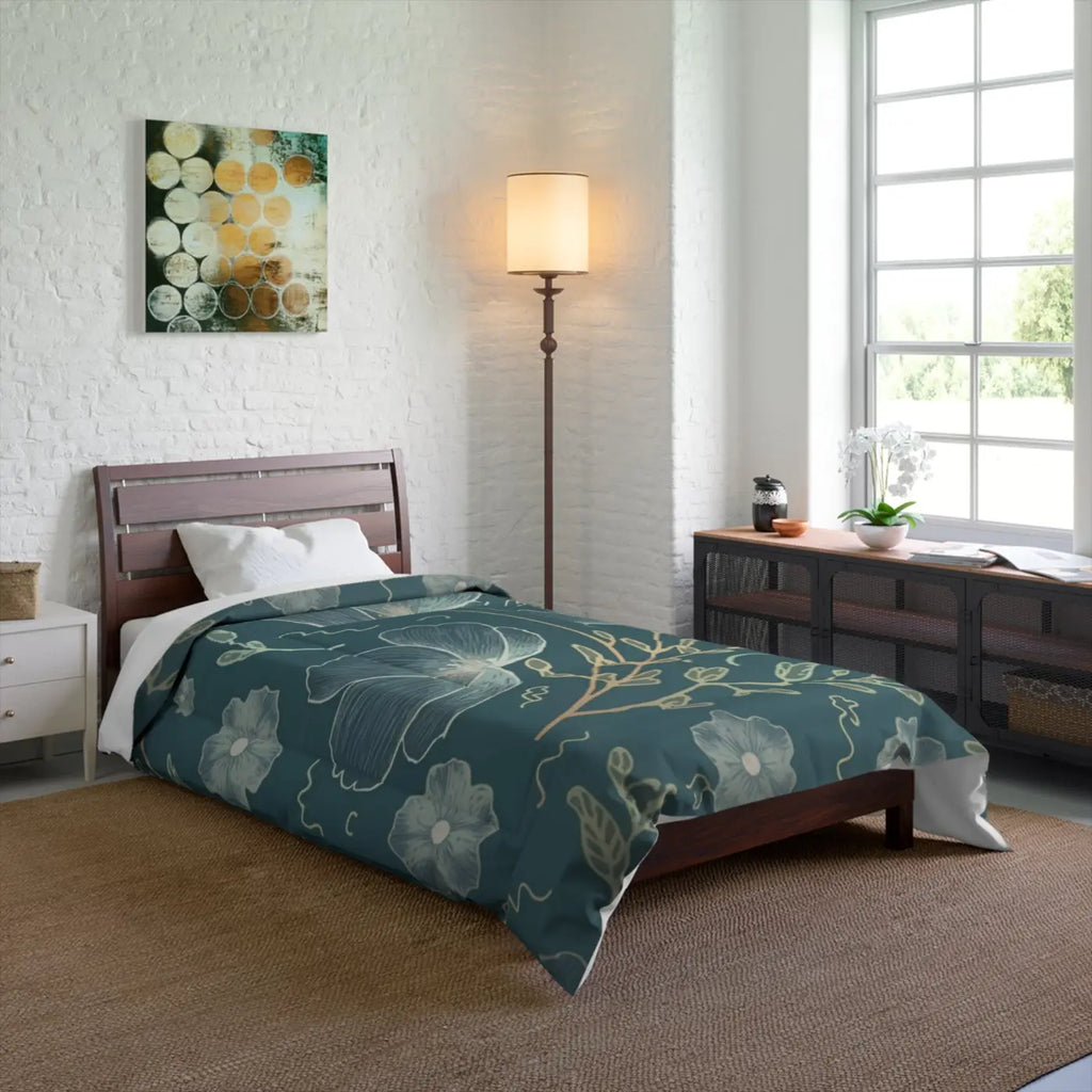 Soft Teal Comforter - Delicate Flowers for Cold Days - DipaliZ