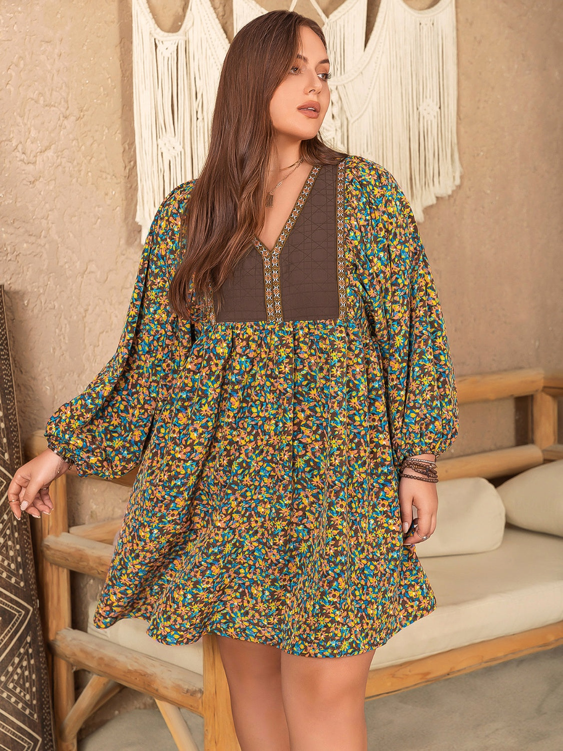 V-Neck Balloon Sleeve Printed Mini Dress