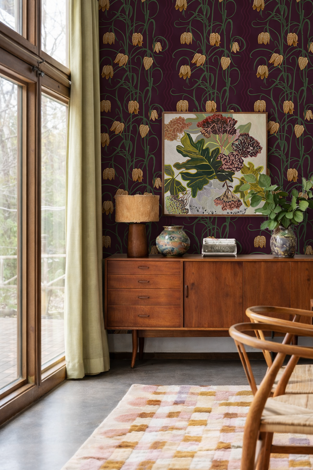 Campanas Wallpaper, eggplant and toffee
