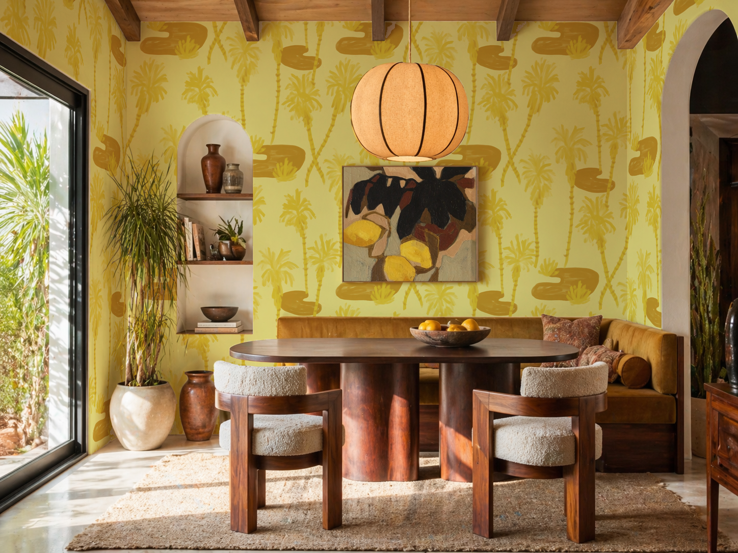Palm Oasis Wallpaper, lemon yellow and ocher