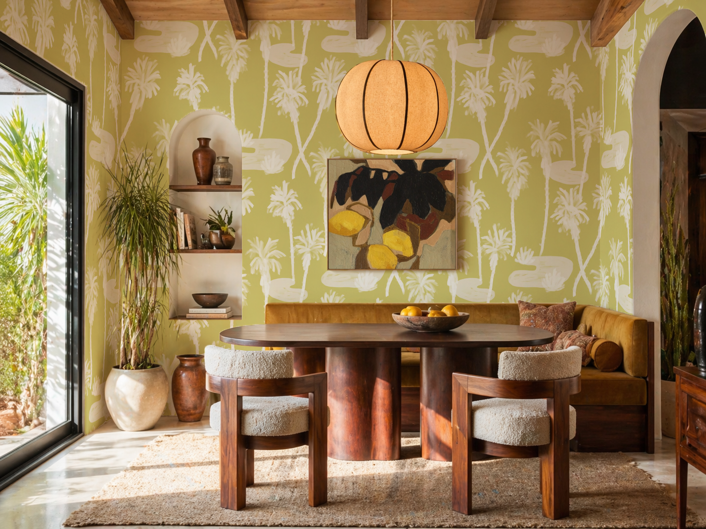 Palm Oasis Wallpaper, lemon and white