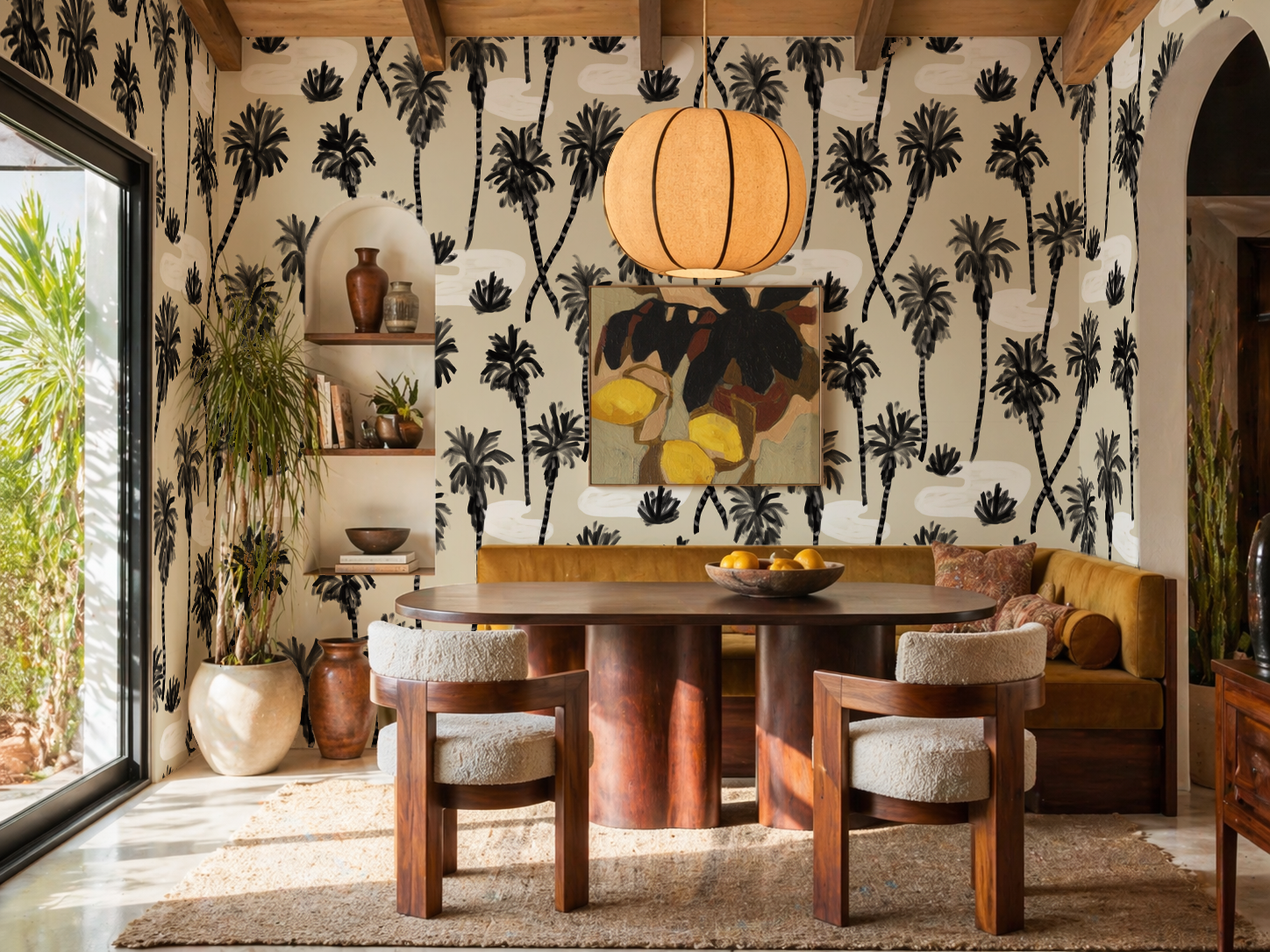 Palm Oasis Wallpaper, neutral and black