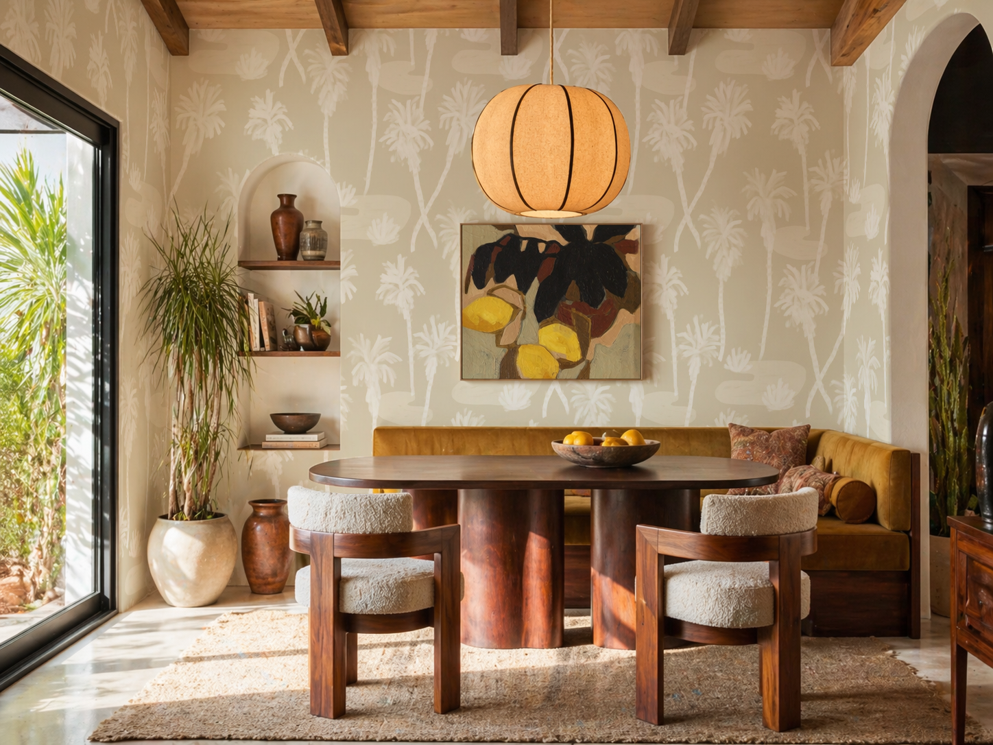Palm Oasis Wallpaper, neutral and white