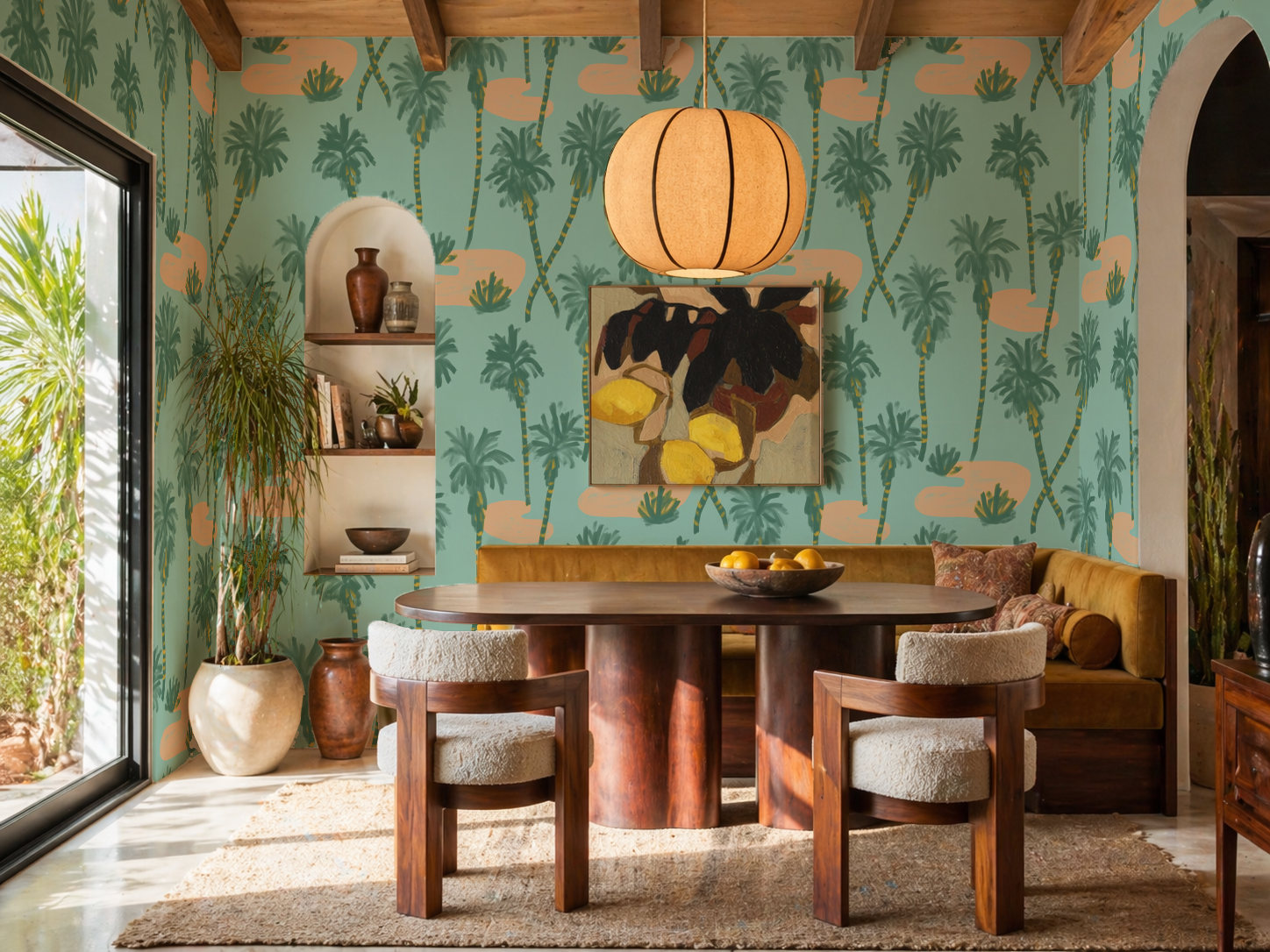 Palm Oasis Wallpaper, teal and peach