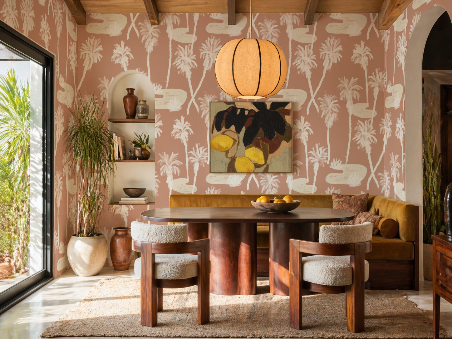 Palm Oasis Wallpaper, terra cotta and white