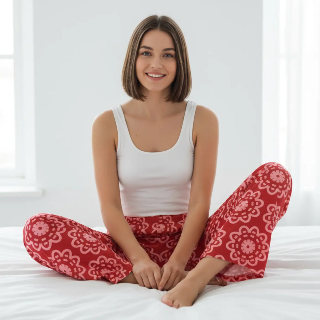 Floral pattern on red, Women's Pajama Pants (AOP)