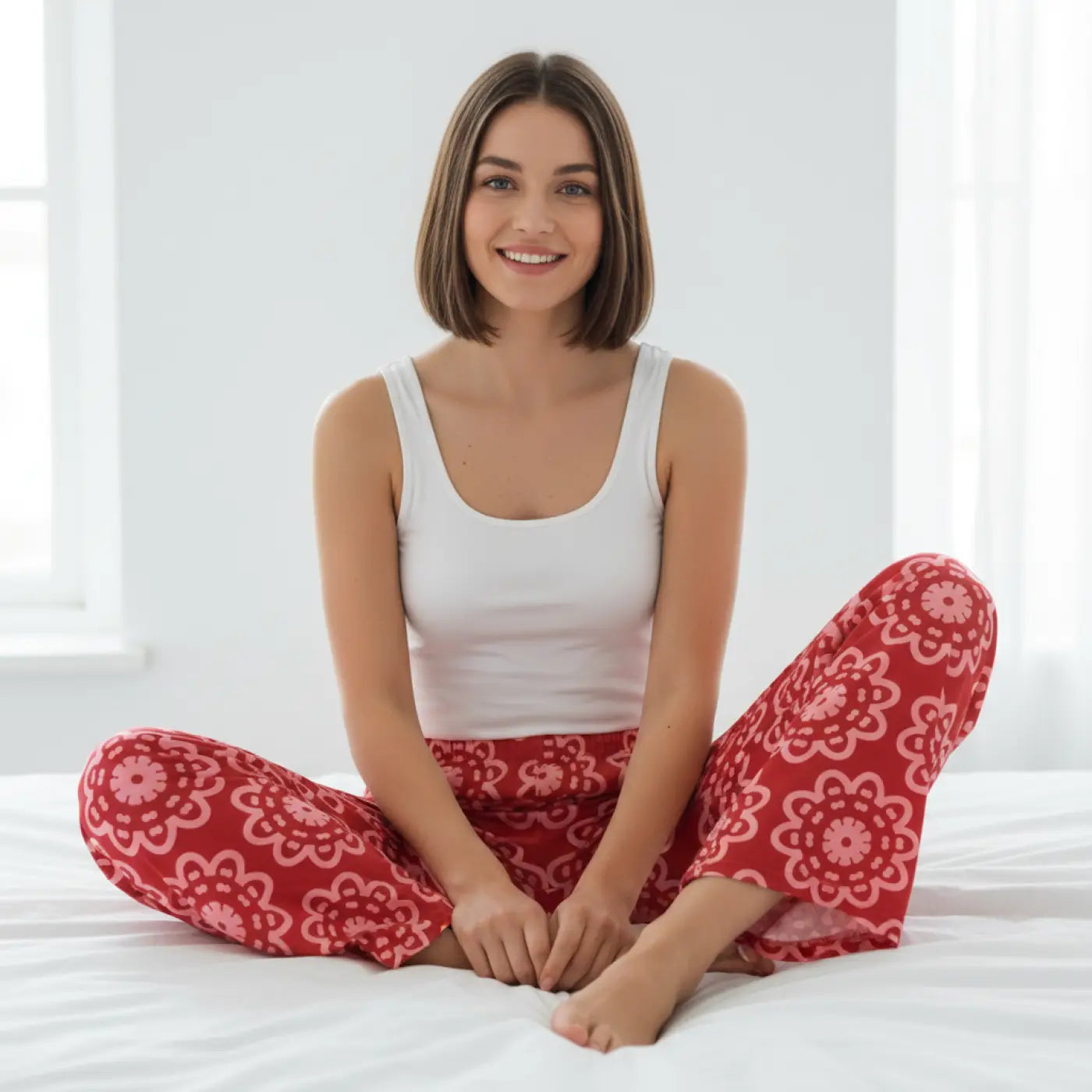 Floral pattern on red, Women's Pajama Pants (AOP)