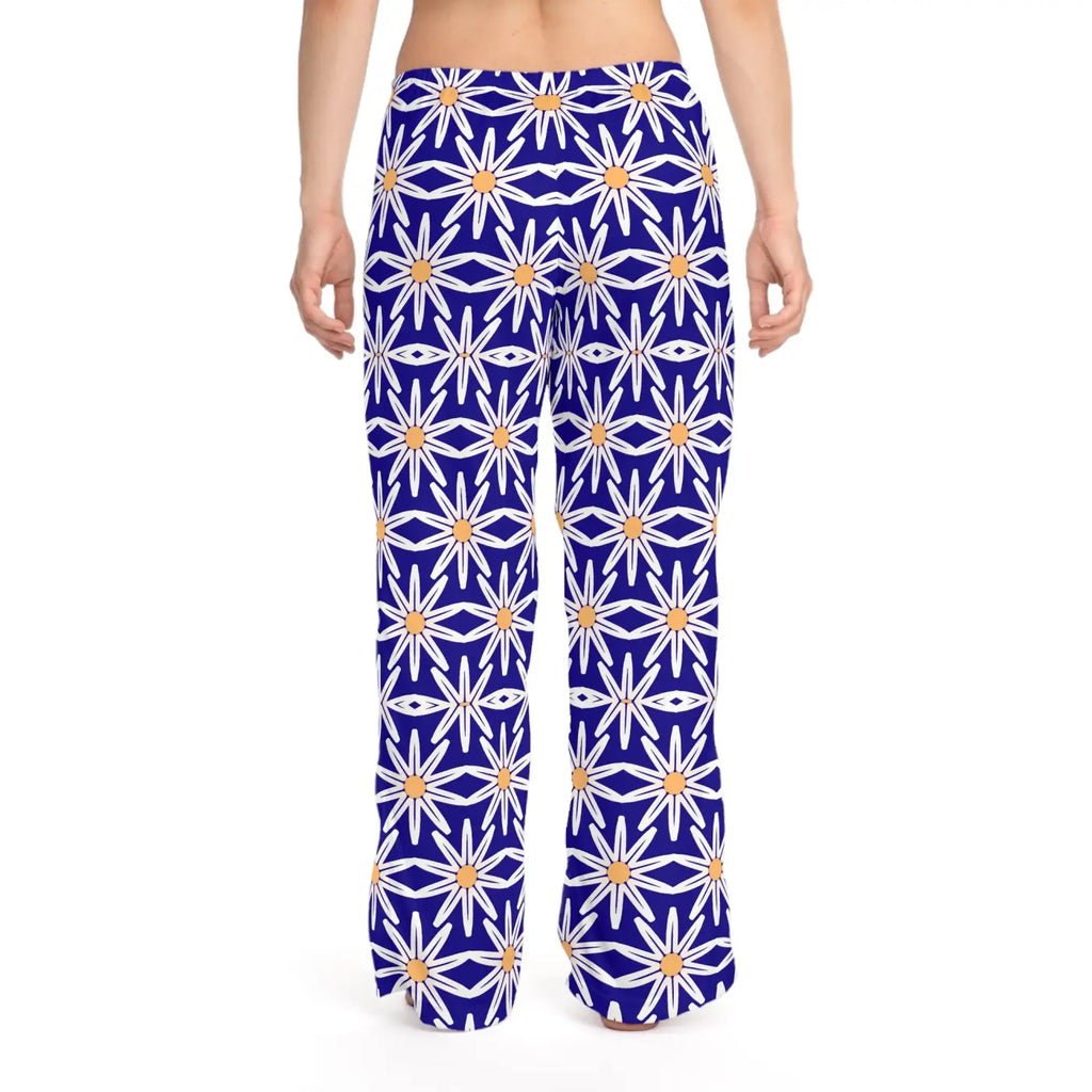 White large floral pattern on blue, Women's Pajama Pants (AOP)