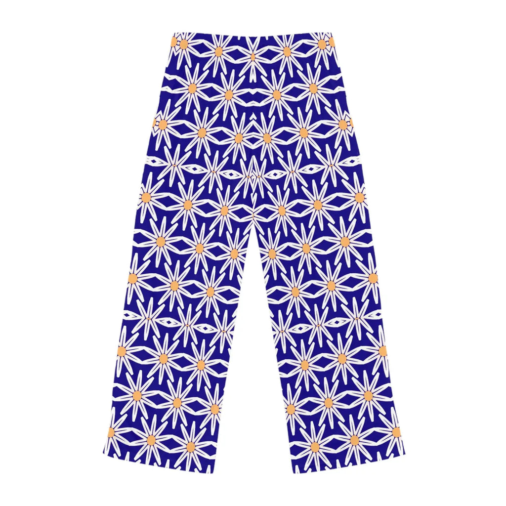 White large floral pattern on blue, Women's Pajama Pants (AOP)