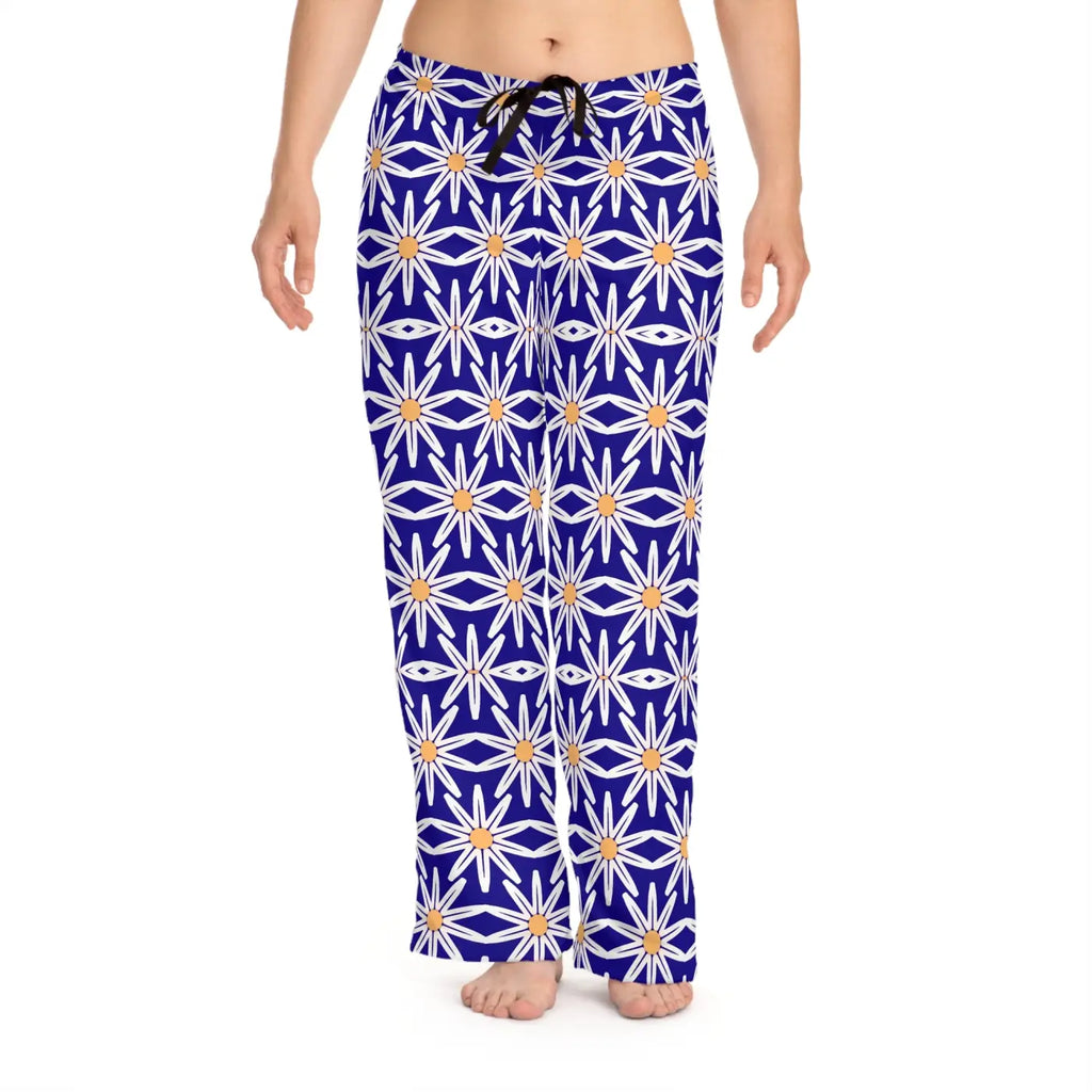 White large floral pattern on blue, Women's Pajama Pants (AOP)
