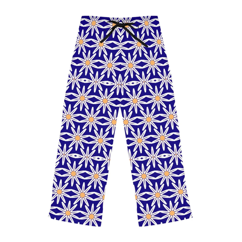White large floral pattern on blue, Women's Pajama Pants (AOP)