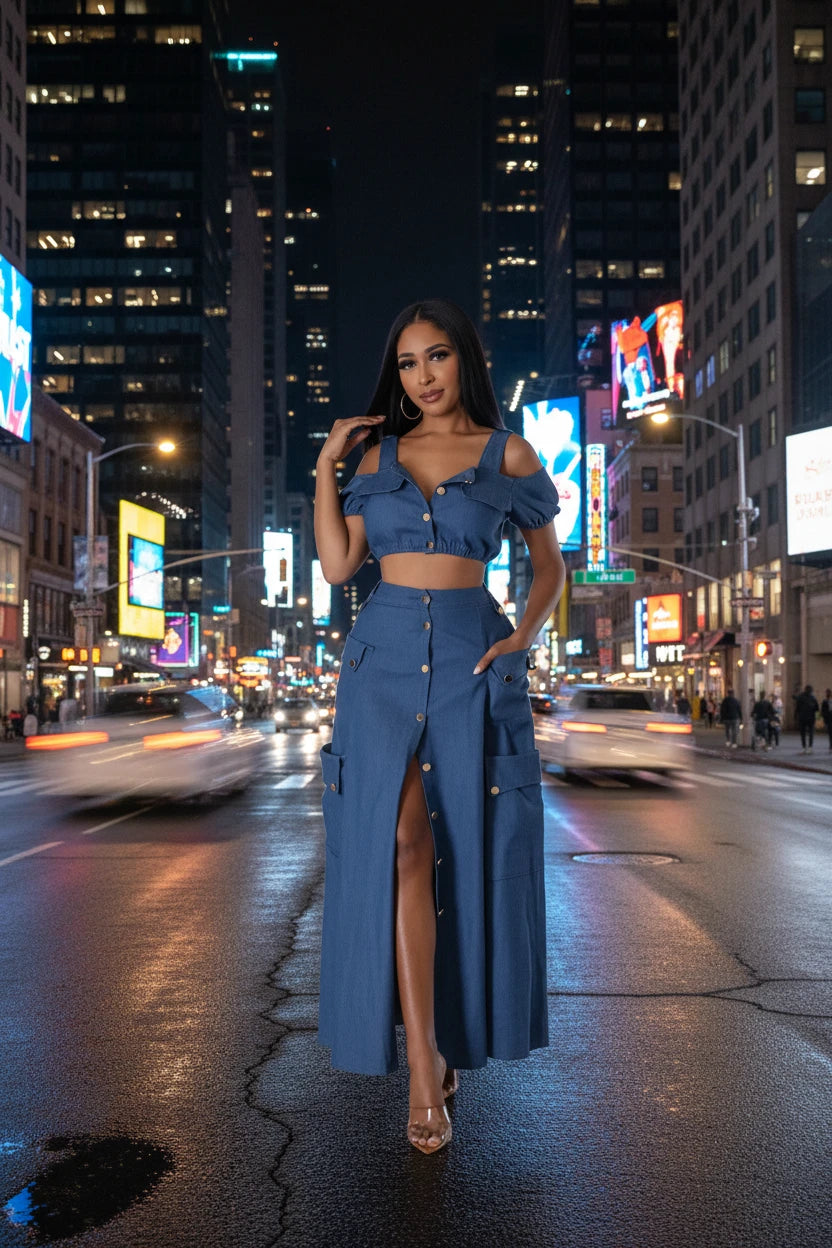 Night Angel Skirt Set With Off shoulder Cotton Crop Top