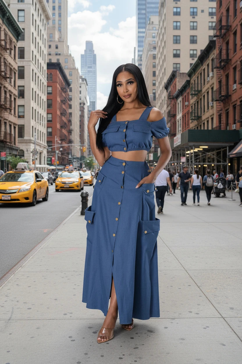 Night Angel Skirt Set With Off shoulder Cotton Crop Top