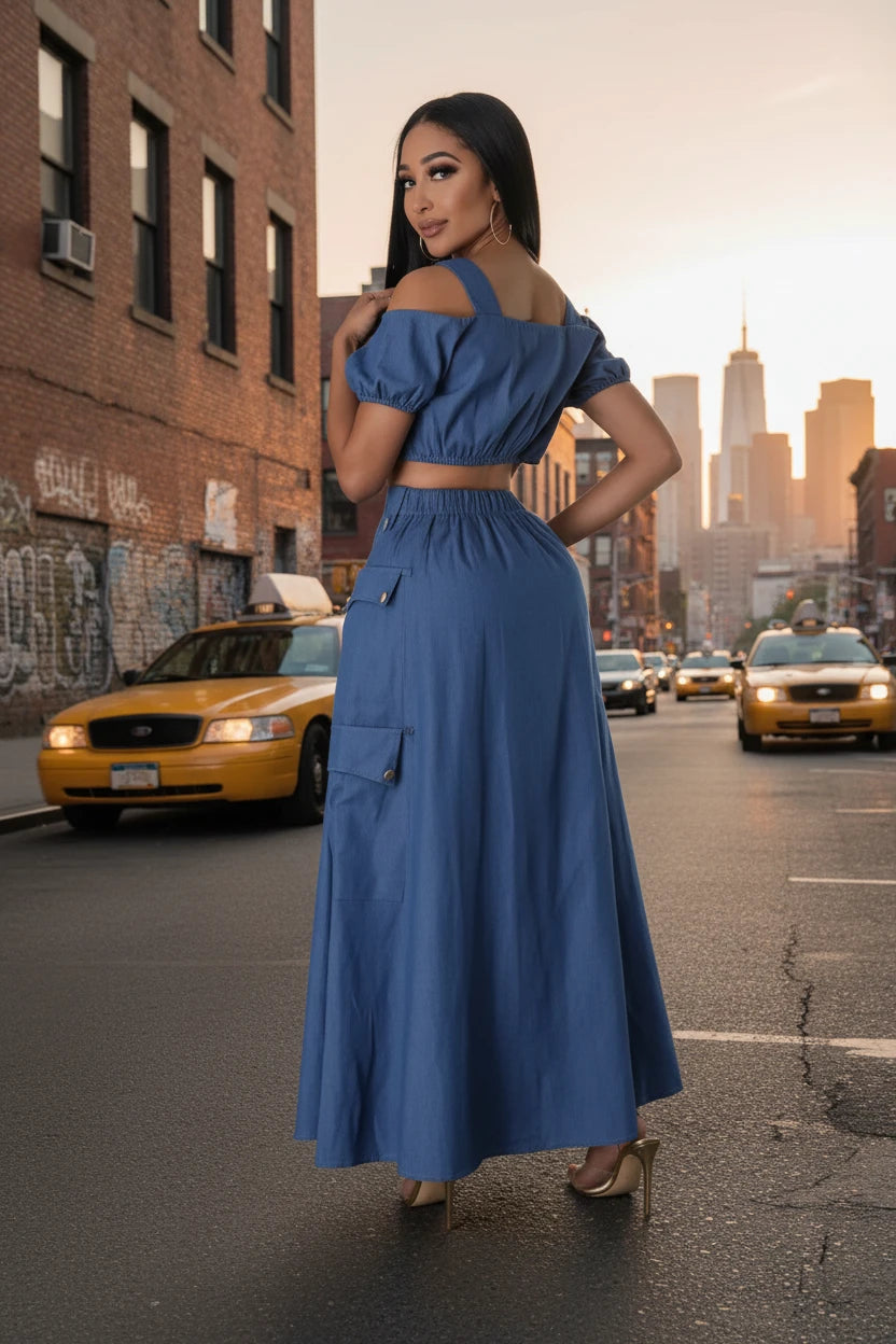 Night Angel Skirt Set With Off shoulder Cotton Crop Top