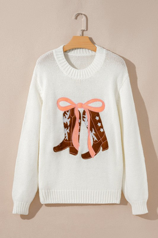 Western Bow Boots Embroidered Drop Shoulder Sweate
