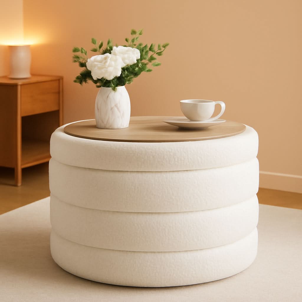 Round Sherpa Boucle Storage Ottoman White 22 Inches