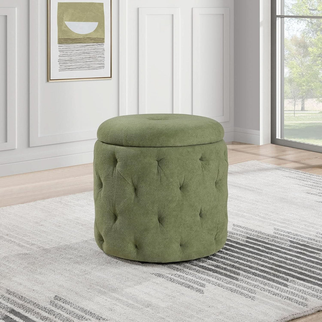Circular Moss Green Storage Ottoman Diamond Tufted