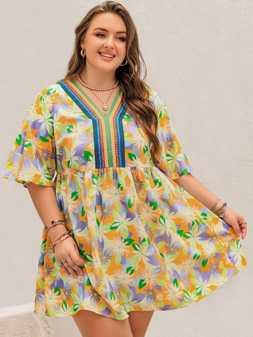 Printed V-Neck Half Sleeve Mini Dress