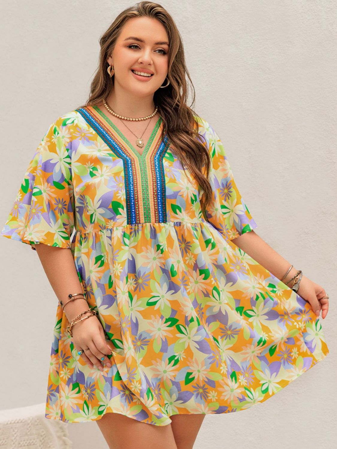 Printed V-Neck Half Sleeve Mini Dress