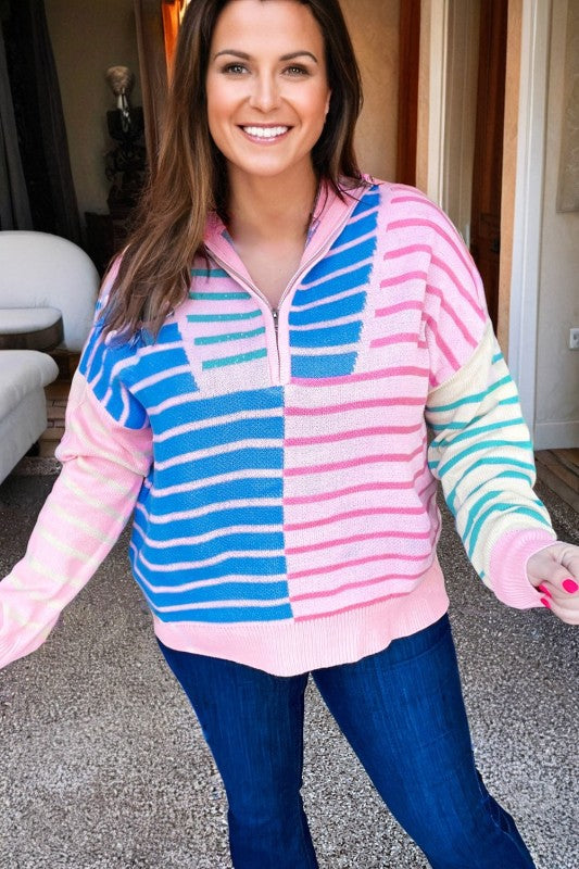 Stripe Colorblock Half Zip Sweater