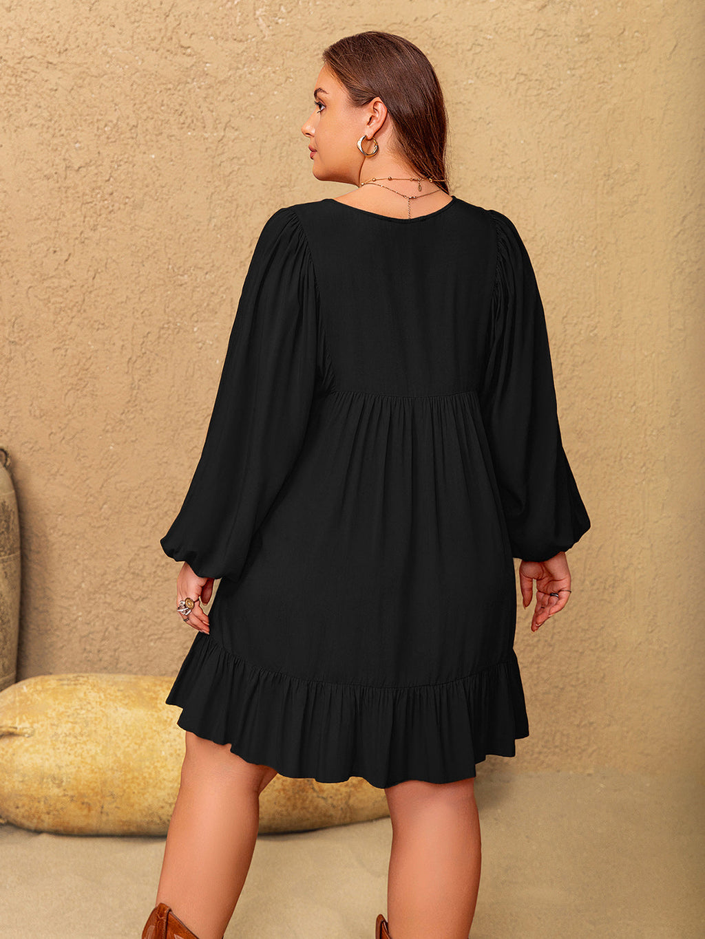 Embroidered Tie Neck Long Sleeve Mini Dress