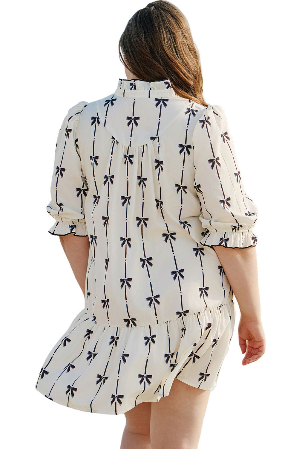 Apricot Bow Printed Puff Sleeve Ruffled Mini Dress