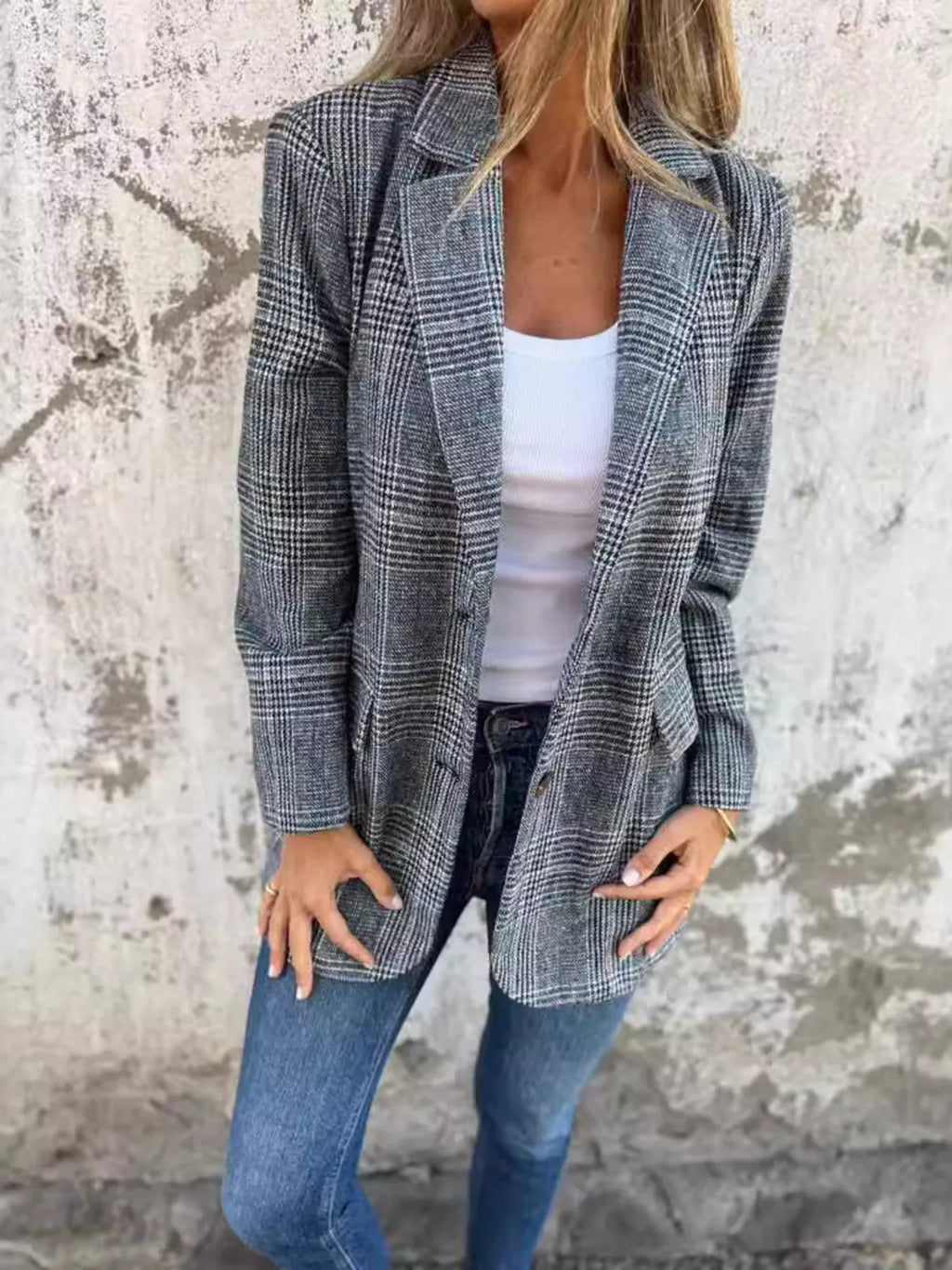 Full Size Plaid Single-Breasted Long Sleeve Blazer