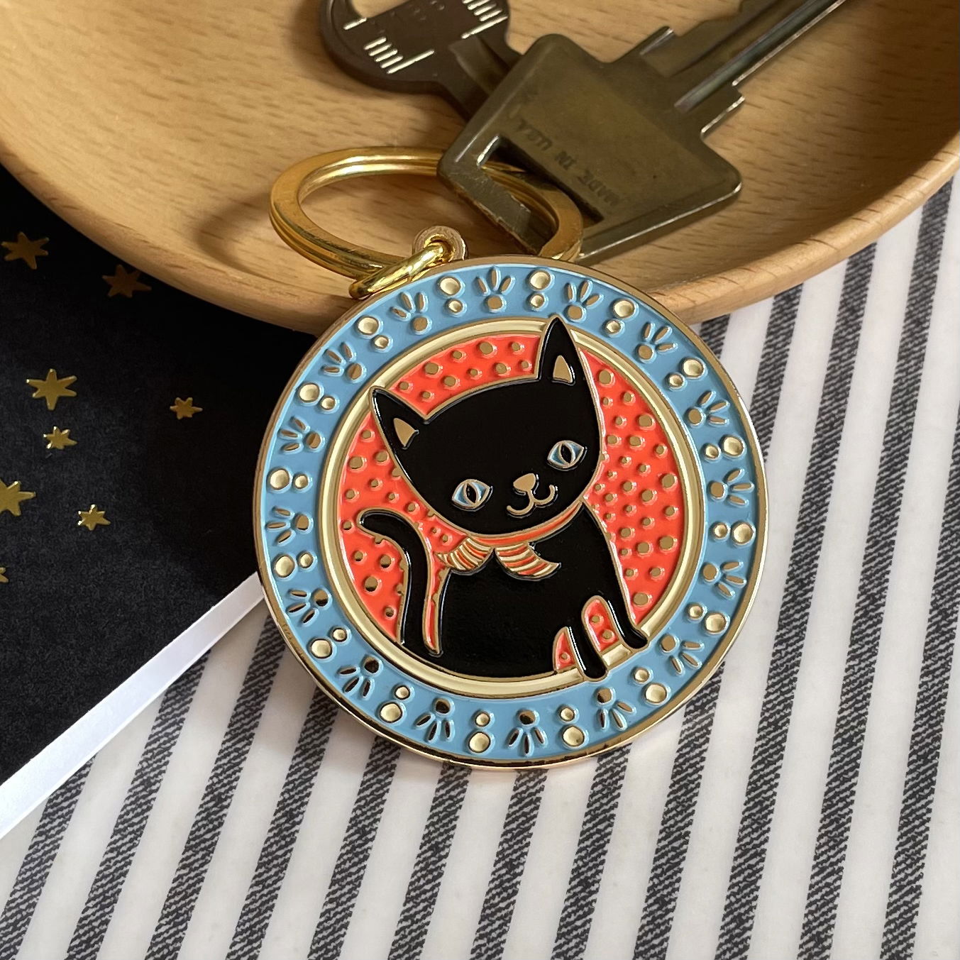 Lucky Cat Blue Enamel Keychain