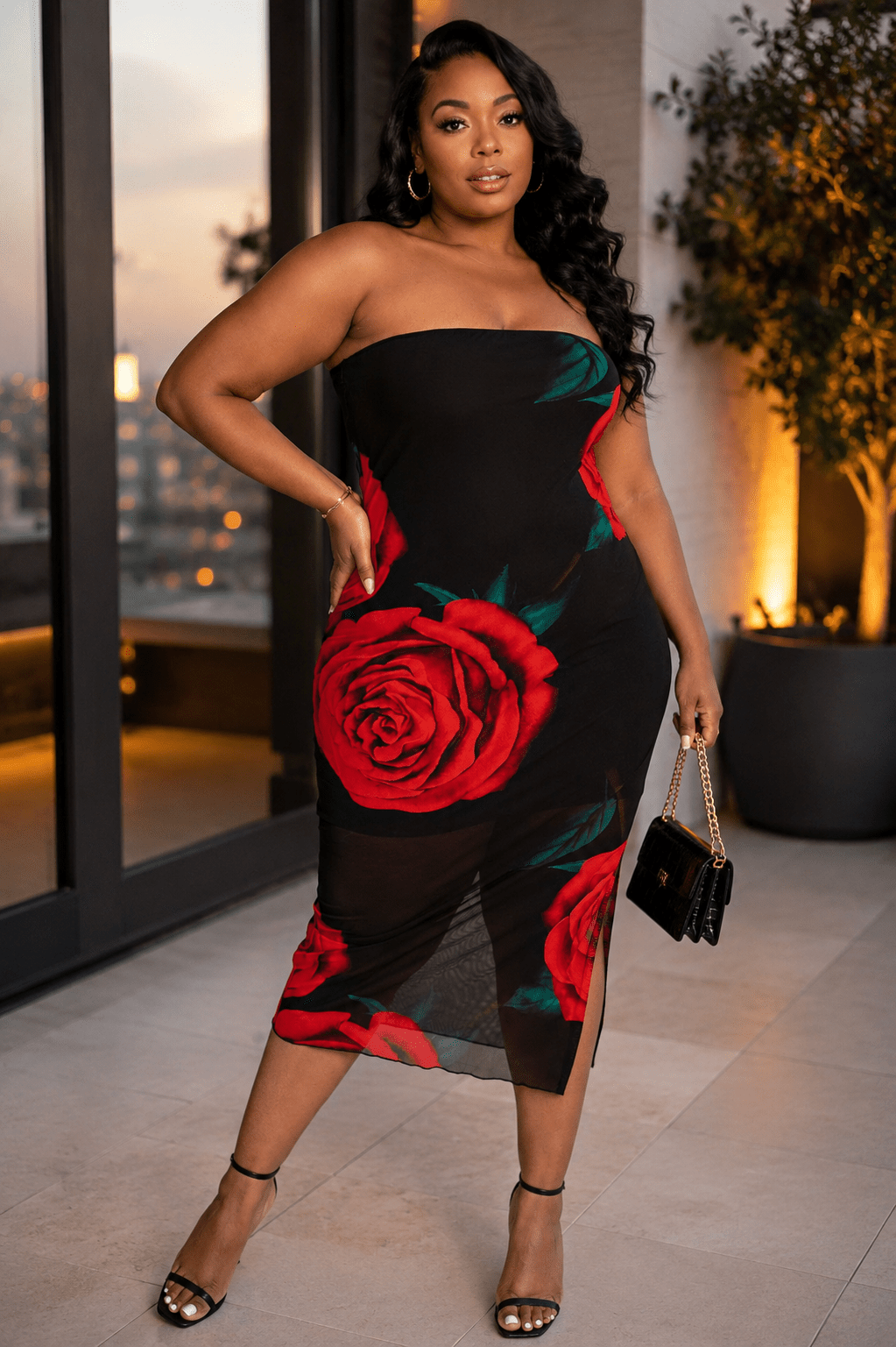 Emilia Mesh Print Strapless Dress with Slit