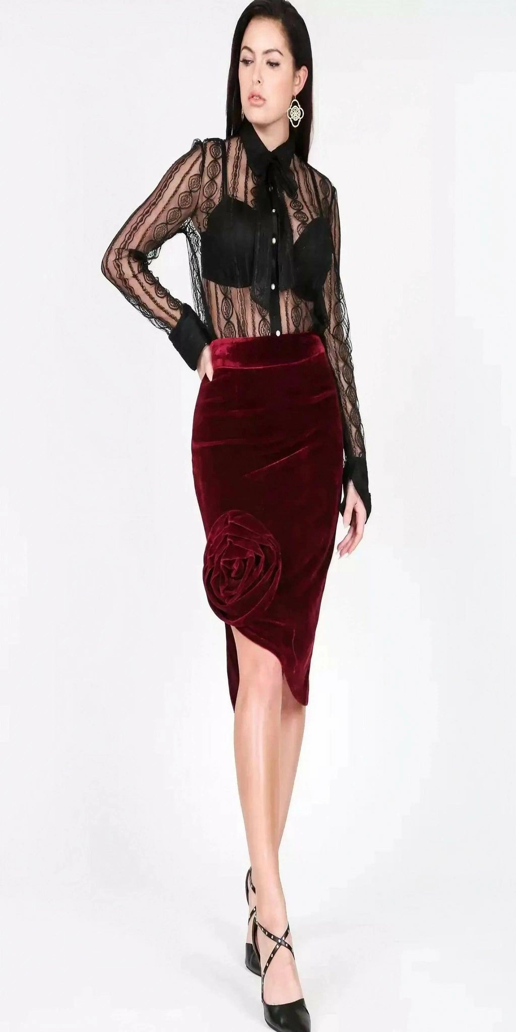 Asymmetrical Fr Hem Flower Midi Skirt