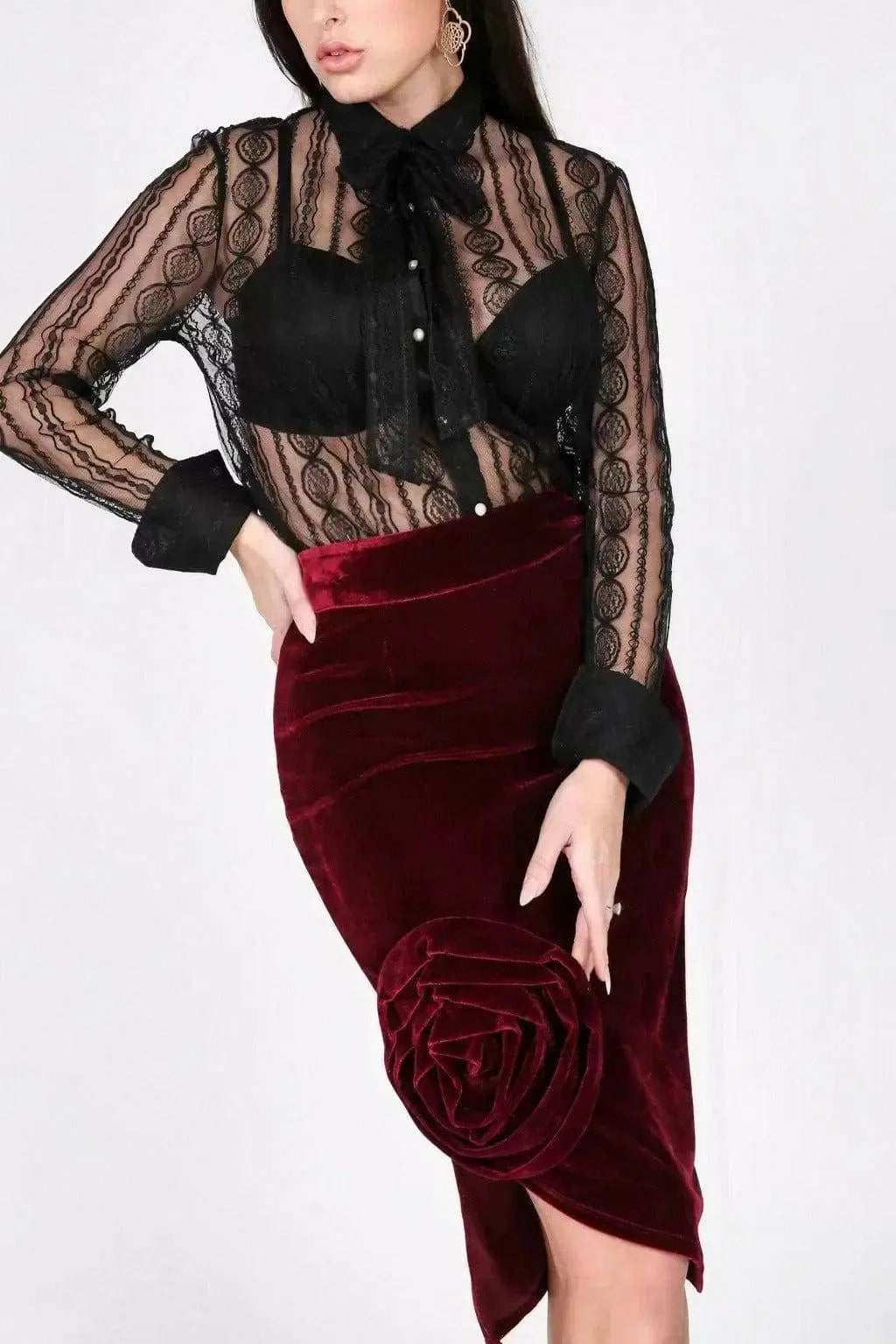 Asymmetrical Fr Hem Flower Midi Skirt