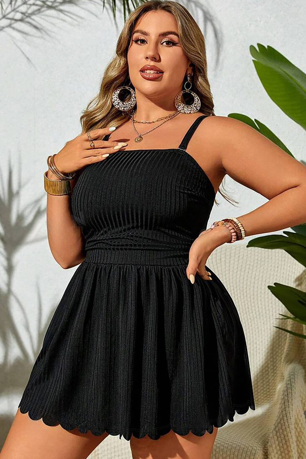 Black Textured Scalloped Trim Swim Dress with Panty
