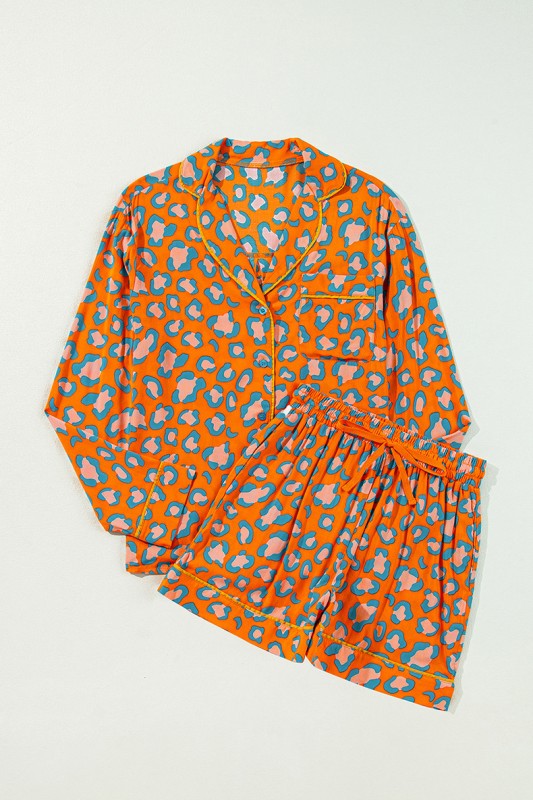 Leopard Long Sleeve Shirt and Shorts Pajama Set
