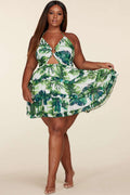 Fasheabe Leaf Print O-ring Mini Dress